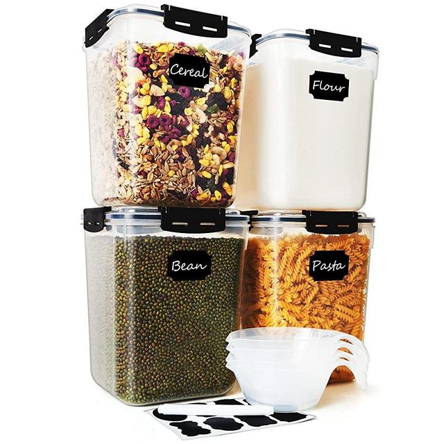 Kootek 4 Pack Large Food Storage Containers, 5.3L/179Oz Pantry Kitchen Organization and Storage Cereal Container Plastic Airtight Lid for Flour, Sugar, Grains with Pen, Labels, Measuring Spoon