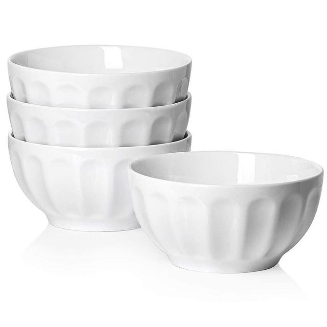 Sweese 106.401 Porcelain Fluted Bowls - 26 Ounce for Cereal, Soup and Fruit - Set of 4, White