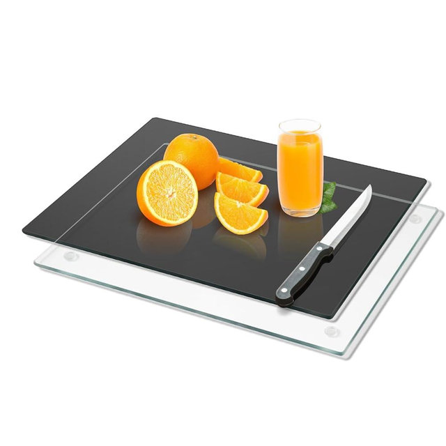 Mymonfif Tempered Glass Cutting Board for Kitchen, Clear Glass Board for Countertop, Heat Resistant, with Non-Slip Feet, 12x16",2 Pcs,Black and Clear