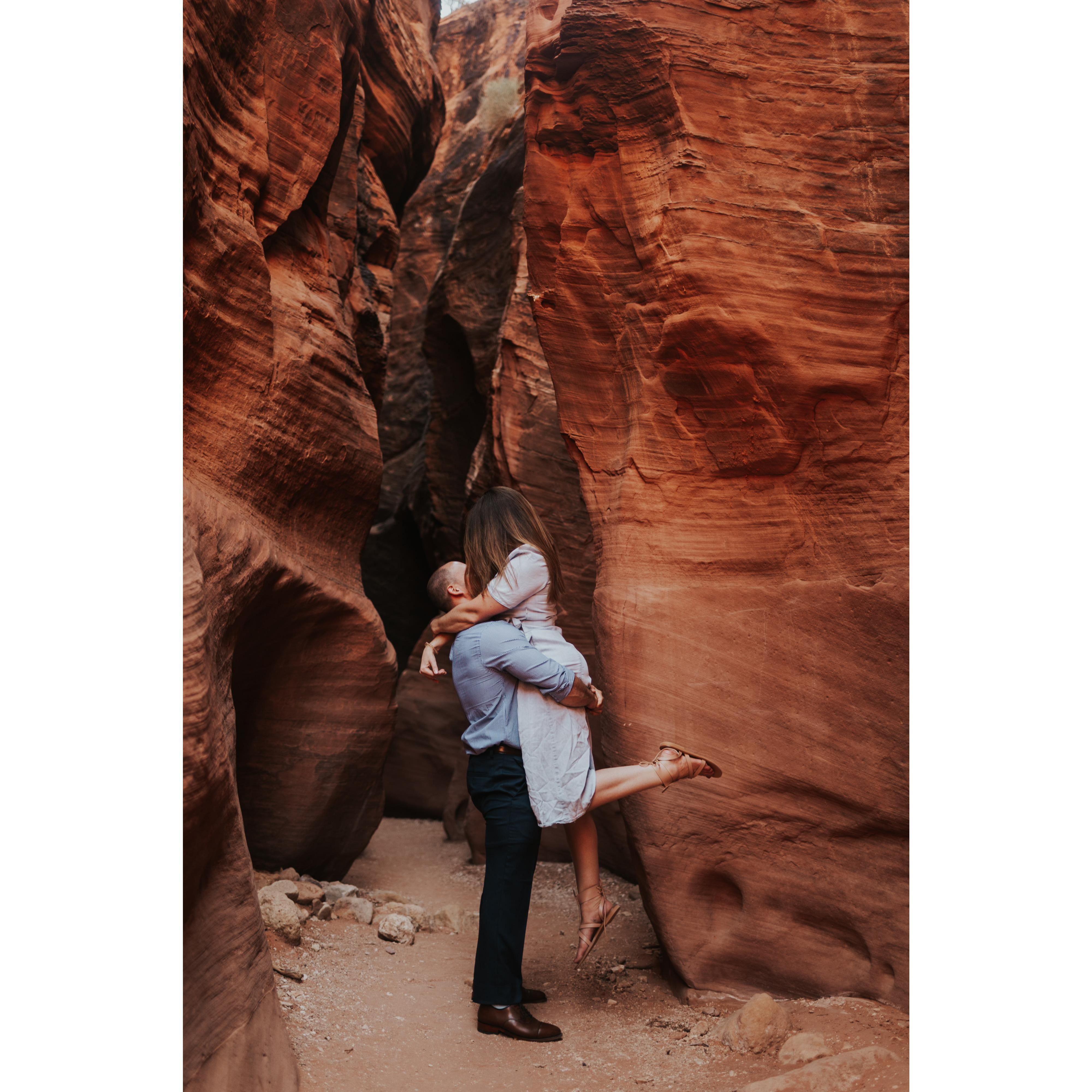 We started our engagement shoot with Andi by heading to a hidden gem at Buckskin Gulch in Utah. Worth the visit!