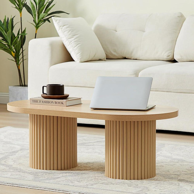 RUSTYER Oval Fluted Coffee Table, Farmhouse Wood Coffee Table Mid Century Modern Center Table Boho Living Room Tables for Living Room Office (Natural, 19.69" D x 39.38" W x 13.78" H)