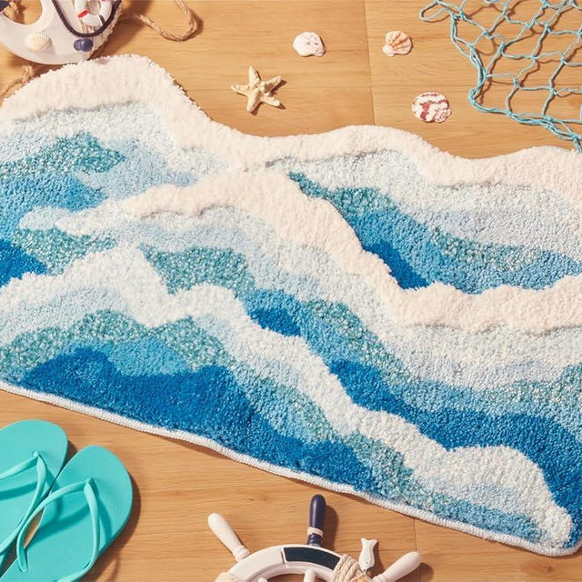 DyeFury Large Blue Ocean Wave Bath Mat, Cute Funky Bathroom Rugs for Coastal Beach Nautical Themed Decor, Non-Slip Washable Accent Rug for Bedroom Kitchen, Trendy Tufted Shower Mats 47"x 24"