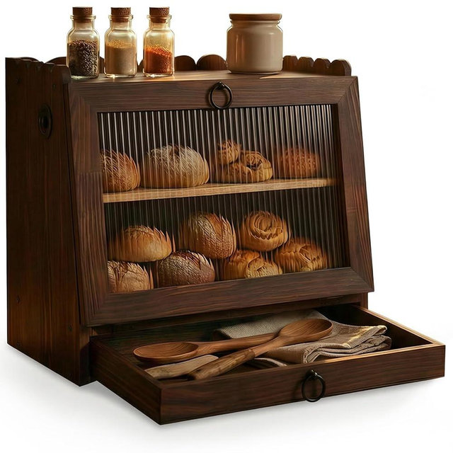 AIZMOZIA Bread Box for Kitchen Countertop Wooden Double Layer Bread Storage Container Bin Breadbox Holder Large Capacity Keeper Vintage Farmhouse Food Organizer Pantry Shelf Acrylic Window Brown
