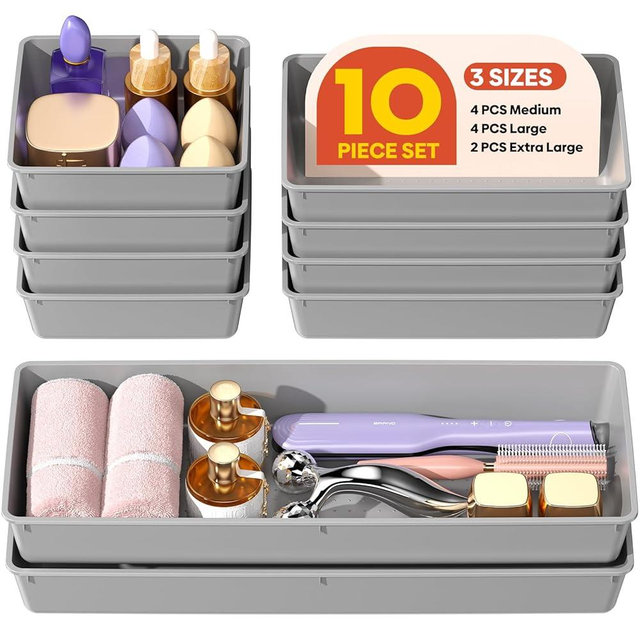 MLIKLU 10 Pack Large Size Plastic Drawer Organizers Set, 3 Sizes Desk Drawer Organizer Trays, Storage Bins for Vanity, Makeup, Bathroom, Kitchen Utensils and Office (Gray)