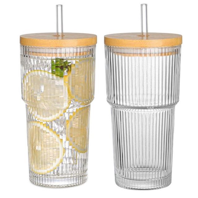 AUFXKOO 20oz Ribbed Glass Coffee Cups with Lids and Straw,2PCS Glass Cups with Lid and Straw, Vintage Iced Coffee Cups Glassware Tumbler for Whiskey Cocktail Beer
