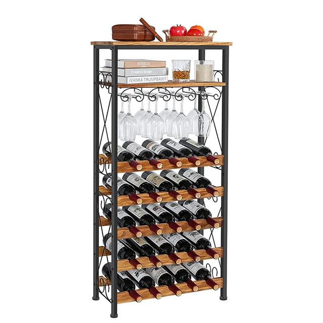 Floor Wine Rack 25 Bottles with Wine Glass Holder Rack, Freestanding Wine Rack with Table Top and Open Shelf, Wobble-Free Wine Bottle Organizer Shelf, Wine Display Storage Stand for Kitchen Pantry Bar