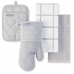 KITCHENAID Quilted Cotton Terry Cloth Oven Mitt, Pot Holder, Kitchen Towel 4-Pack Set, Heat Resistant, Silicone Grip, 16"x26", 7"x13" & 7"x10", Matte Grey