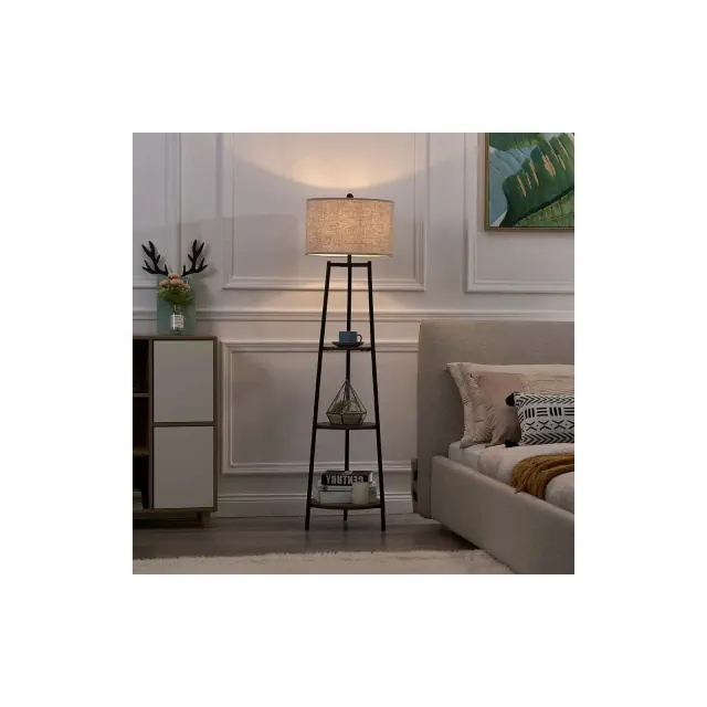 Rosary Blenn Modern Tripod Floor Lamp with Shelves and Fabric Shade, Black