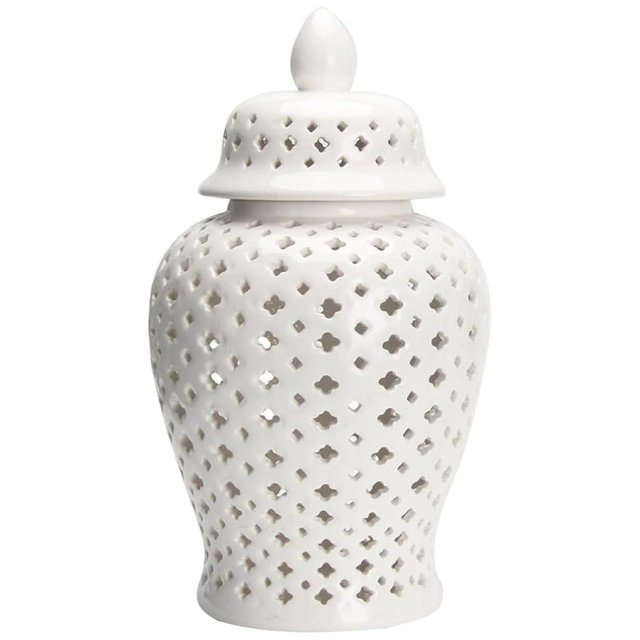 Kichvoe Hollow Out White Ceramic Ginger Jar with Lid 8.26 Inch Decorative Flower Vase Storage Canister for Home Wedding Party Accent