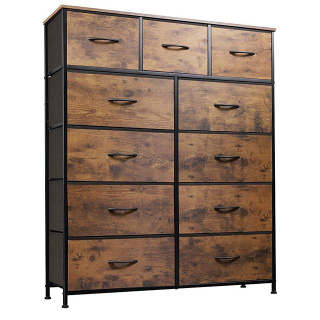 WLIVE 11-Drawer Dresser, Fabric Storage Tower for Bedroom, Hallway, Nursery, Closets, Tall Chest Organizer Unit with Fabric Bins, Steel Frame, Wood Top, Easy Pull Handle, Rustic Brown Wood Grain Print