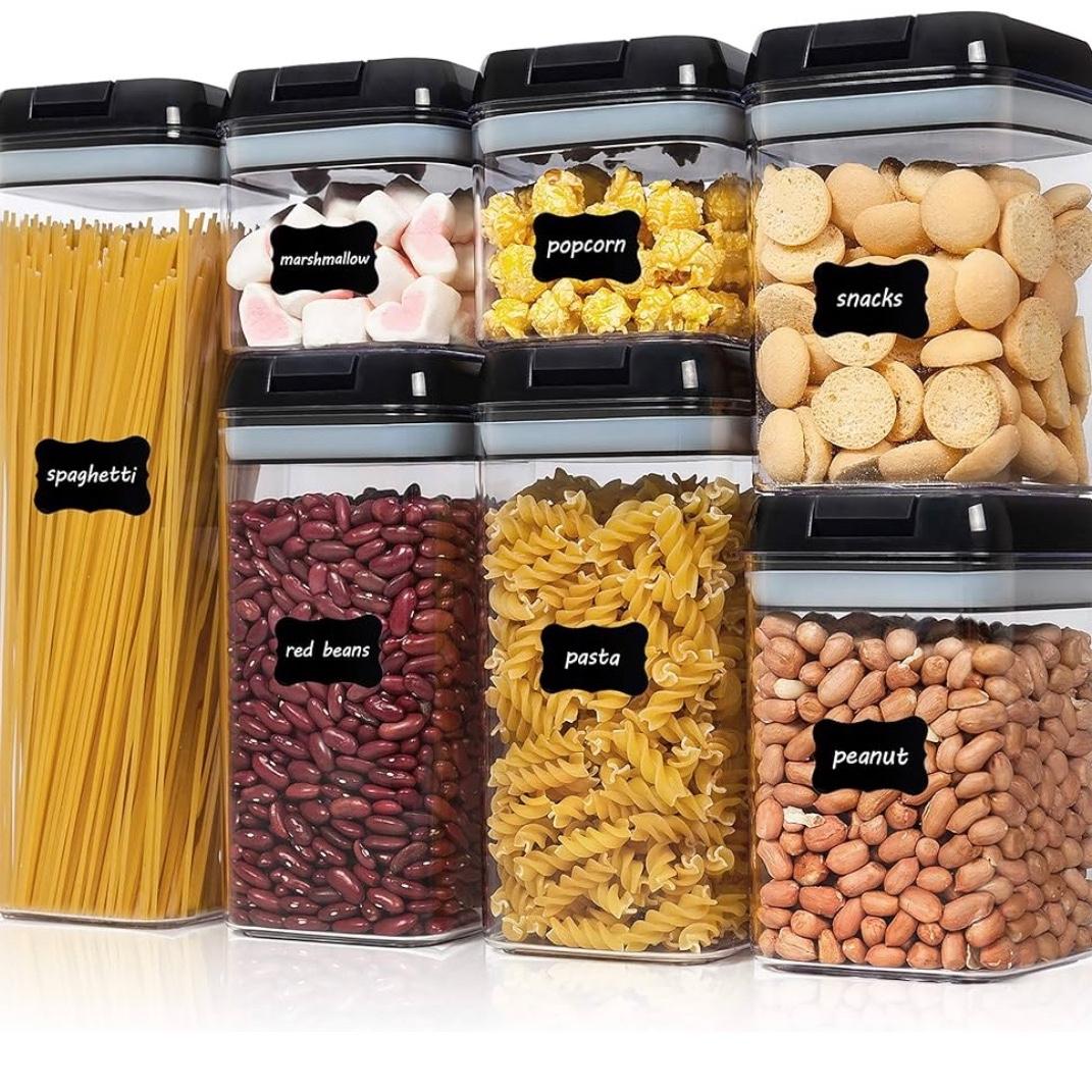 Vtopmart Airtight Food Storage Containers, 7 Pieces BPA Free Plastic Cereal Containers with Easy Lock Lids, for Kitchen Pantry Organization and Storage, Include 24 Labels,Black