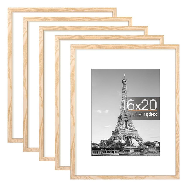 upsimples 16x20 Picture Frame Set of 5, Display Pictures 11x14 with Mat or 16x20 Without Mat, Wall Gallery Poster Frames, Natural