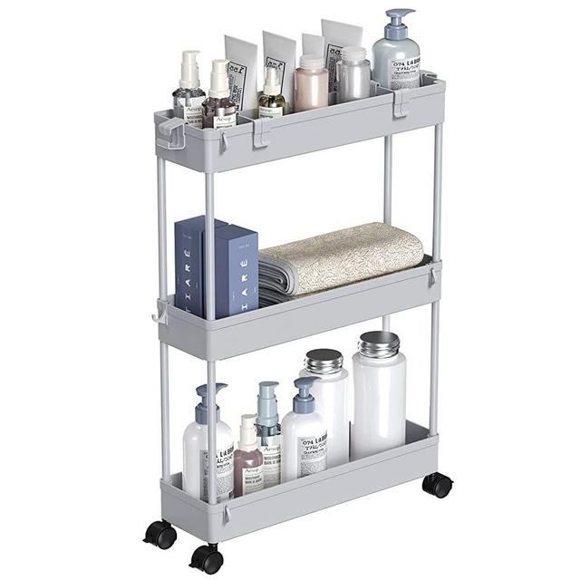 SAKA Slim Storage Cart,3 Tier Bathroom Rolling Utility Cart Storage Organizer Slide Out Cart, Mobile Shelving Unit Organizer Trolley for Office Bathroom Kitchen Laundry Room Narrow Places, Grey