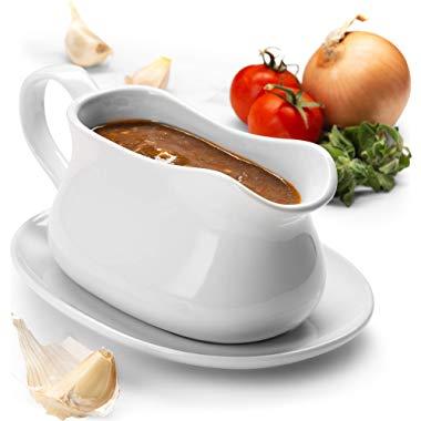 KooK Gravy Boat and Tray, Ceramic Make, 17oz, White