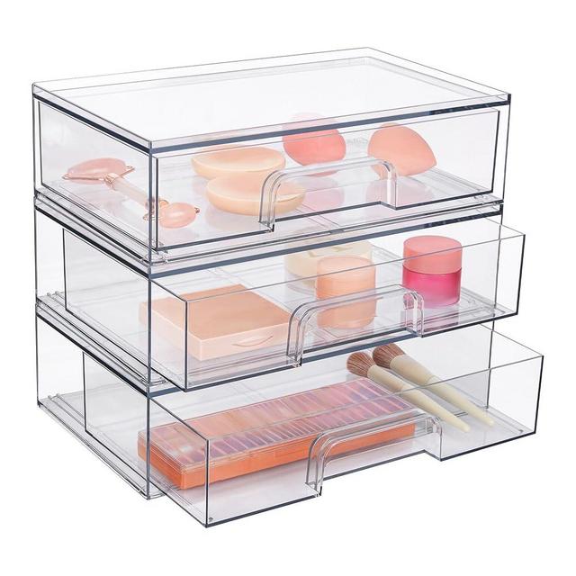 Vtopmart 12.1''W Clear Stackable Storage Drawers,3 Pack Acrylic Plastic Organizers Bins for Makeup Palettes, Cosmetics, and Beauty Supplies,Ideal for Vanity, Bathroom,Cabinet,Desk Organization