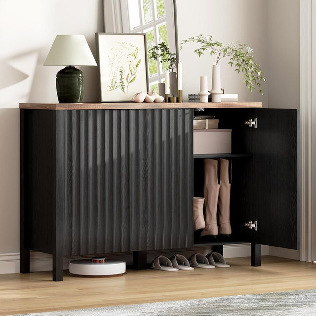 Vlsrka Shoe Cabinet with 3 Doors, Narrow Wooden Shoe Cabinet, Hidden Shoe Storage for Entryway, Foyer, Hallway (Black D)