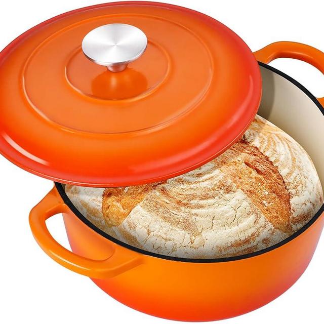 3QT Dutch Oven Pot with Lid, Leonyo 3 Quart Enameled Cast Iron Dutch Oven for Sourdough Bread Baking, Heavy Duty Cookware for Braising, Stews, Roasting, Orange