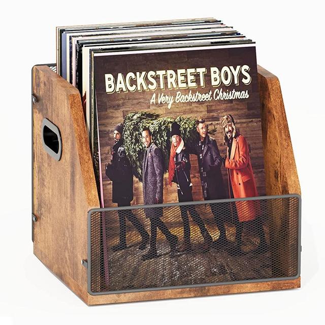 Homeiju Vinyl Record Storage, Vinyl Record Box Case Crate, Vinyl Record Album Holder, Desktop Metal & Wooden LP Record Storage Crate, Holds up to 80 Records