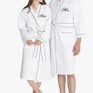 AW BRIDAL 2Pcs Couple's Cotton Waffle Knit Robes Embroidered Lightweight Spa Robes Dressing Gown Bridal Robes for Men Women
