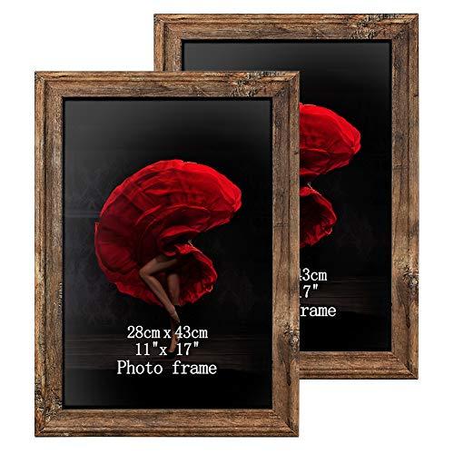 11 x 17 Poster Picture Frames Set of 2 Vintage Brown Wood Rustic Art 17x11 Photo Frame for Vertical or Horizontal Wall Hanging