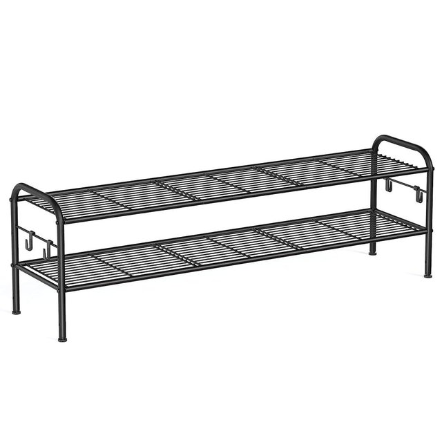 SONGMICS Shoe Rack, 2-Tier Shoe Organizer, Metal Shoe Shelf Storage with 4 Side Hooks, Holds 12 Pairs of Shoes, Height-Adjustable Shoe Rack for Entryway, Hallway, Closet, Easy Assembly, Ink Black