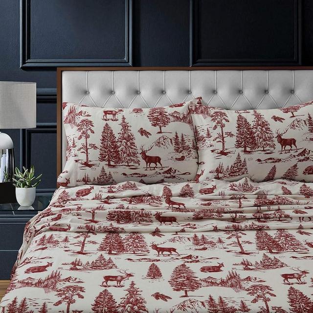 Tribeca Living 100% Cotton Flannel Sheet Set - 200 GSM, Deep Pocket, Ultra Soft & Cozy, California King, Deer Toile Deep Red