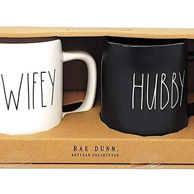 Rae Dunn by Magenta, WIFEY, HUBBY Coffee Mug's set of 2, 1 white, black LL. 1 black, white LL