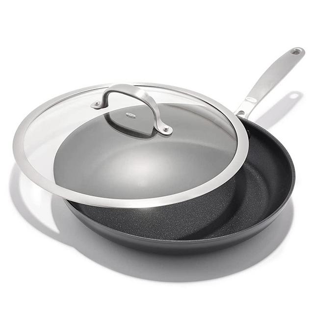 OXO Good Grips Pro Hard Anodized PFOA-Free Nonstick, 12" Frying Pan Skillet with Lid, Stainless Steel Handle, Dishwasher Safe, Oven Safe, Black