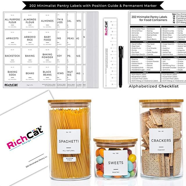 202 Preprinted Minimalist Pantry Labels for Food Containers, Storage Bins, Jars, Canisters and for Home Edit, Organizing Kitchen (with Permanent Marker and Position Guide)