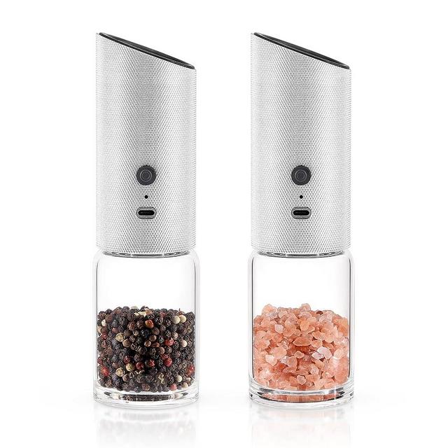 VUCCHINI Electric Salt and Pepper Grinder Set - Adjustable Coarseness Automatic Pepper Mill Grinder - One Hand Automatic Operation Rechargeable Stainless Steel Salt Grinder Silver