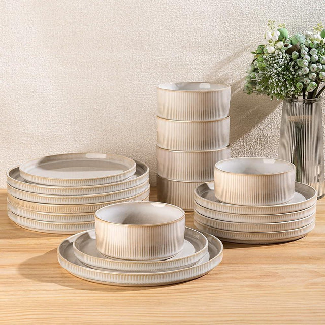 GBHOME Stoneware Dinnerware Sets for 4,Round Reactive Glaze Ceramic Plates and Bowls Set,Highly Scratch Resistant | Dishwasher & Microwave Safe Dishes Set,Service for 4(12Pcs),Vanilla White