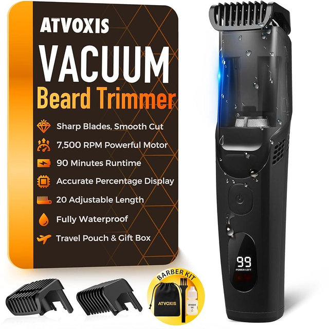 ATVOXIS Vacuum Beard Trimmer for Men Rechargeable, IPX6 Waterproof Mustache Trimmer with Adjustable Length Combs (1/25’’-4/5’’), Men’s Electric Stubble Trimmer, Cordless with Built-in Vacuum (Black)