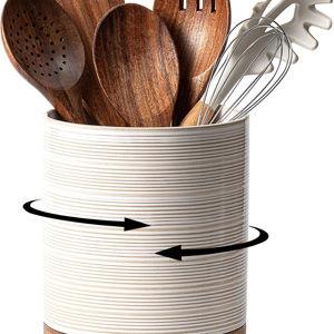Utensil Holder, 360° Rotating Extra Large Ceramic Kitchen Utensil Holder for Countertop, 7.3“ Cooking Utensil Crocks for Kitchen Counter with Rotatable Wooden Base, Farmhouse Decor, Arctic White