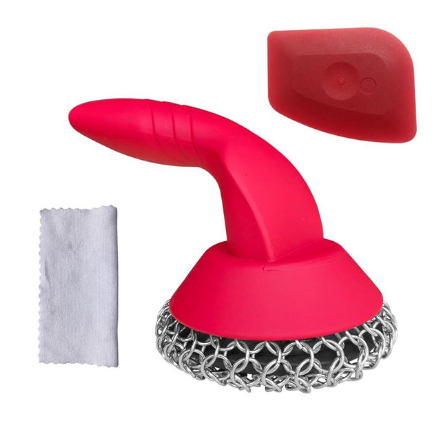 Cast Iron Scrubber with Pan Scraper & Towl, 316 Chainmail Scrubber with Long Handle, Upgraded Chain Mail Scrubber Cleaner for Grill Pan Skillet Wok Carbon Steel Dutch Oven Metal Brush (Red)