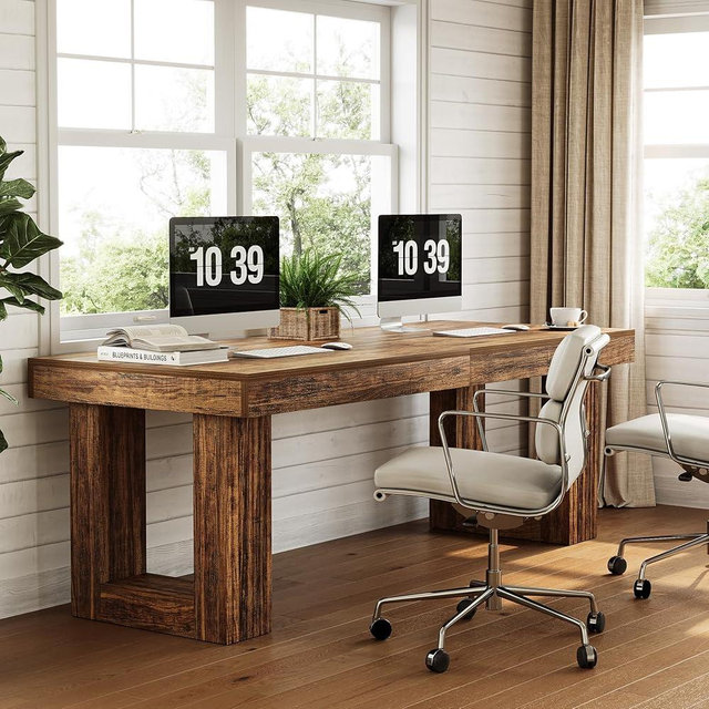LITTLE TREE 86.6 Inches Extra Long Computer Desk, Industrial Two Person Desk, Wooden Double Desk, Simple Study Writing Table for 2 People, Large Business Workstation for Home Office, Rustic Brown