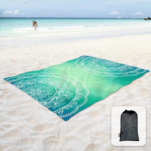 Sunlit Silky Soft 106"x81" Boho Sand Proof Beach Blanket Sand Proof Mat with Corner Pockets and Mesh Bag for Beach Party, Travel, Camping and Outdoor Music Festival, Bright Turquoise Mandala