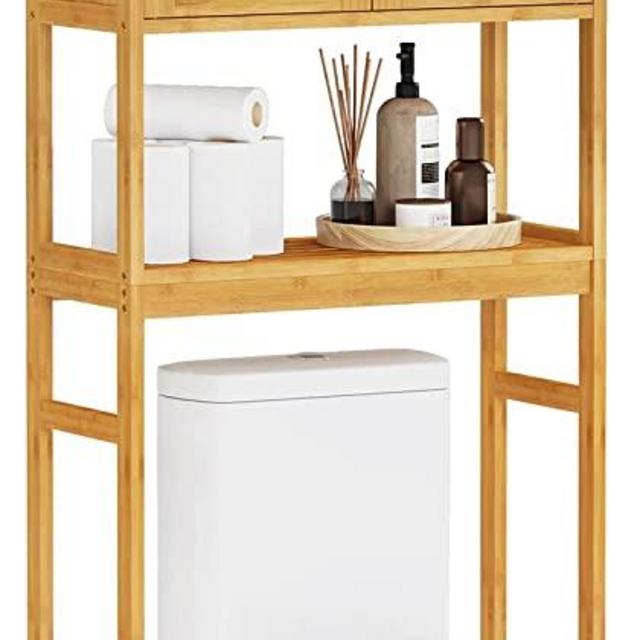 VIAGDO Over The Toilet Storage Cabinet, Tall Bathroom Cabinet Organizer with Cupboard and Adjustable Shelves, Freestanding Toilet Shelf Space Saver Rack Stand for Laundry Room, Balcony, Bamboo