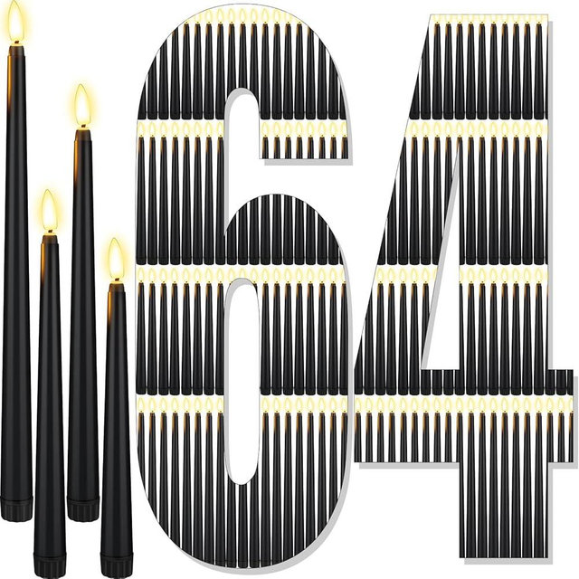 Rossesay 64 Pcs Flameless LED Taper Candles Battery Operated Candles 4 Sizes of 8.5'', 9.65'', 10.83'', 12.8'' Candlesticks Flickering for Halloween Christmas Church Wedding(Black)