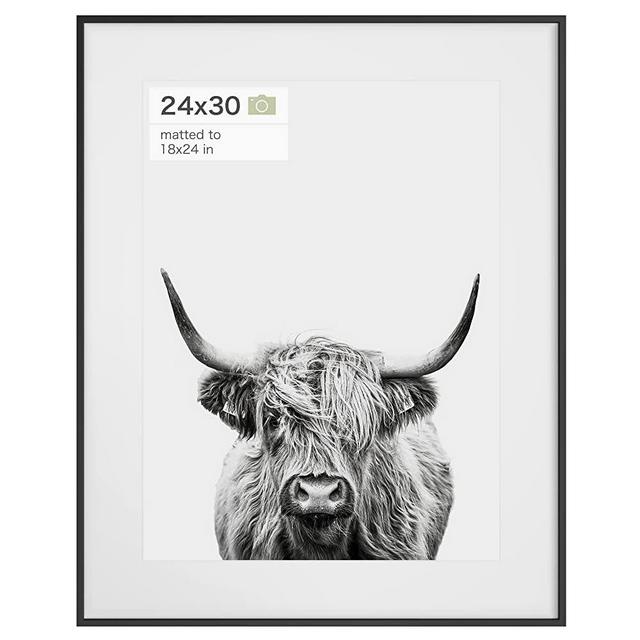 Homeforia 24 x 30 Picture Frame Black, Premium Metal 24x30 Puzzle Frame Matted to 18x24 Photo, 24 x 30 Frame Black Matted to 18 x 24 Picture, Tempered Glass, Wall Hook Included, Set of 1