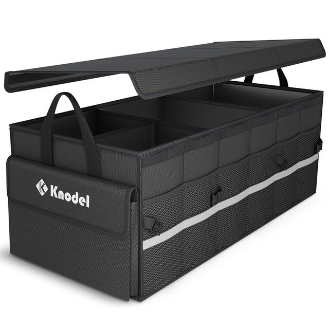 K KNODEL Car Trunk Organizer with Lid, 3 Compartments Collapsible Car Trunk Storage Organizer, Large Car Organizer and Storage for SUV, Truck, Sedan (3C，Black)