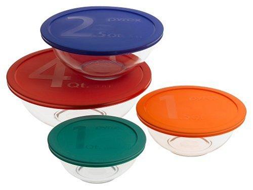 Smart Essentials 8-Piece Mixing Bowl Set, Set includes: 1 each 1-Quart, 1-1/2 Quart, 2-1/2 Quart, 4-Quart Mixing Bowls with Matching Colored.., By Pyrex