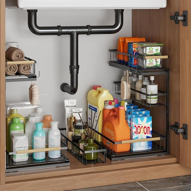 Aekenr Under Sink Organizer and Storage for Bathroom and Kitchen - 2 Pack 3 Tier Under Cabinet Pull Out Shelf Organizers - Slide Out Drawer Organization for Home Cabinets Shelves and Drawers