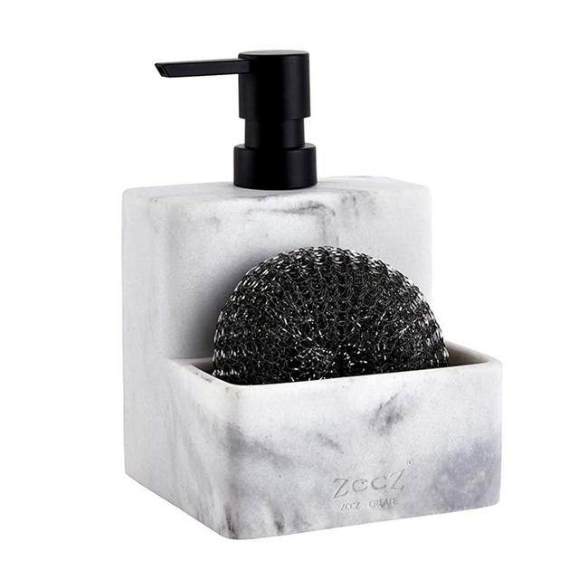 ZCCZ Soap Dispenser with Sponge Holder, Marble Look Liquid Hand and Dish Soap Dispenser Pump Bottle and Sponge Holder 2 in 1 for Kitchen Sink Bathroom Counter Storage and Organization