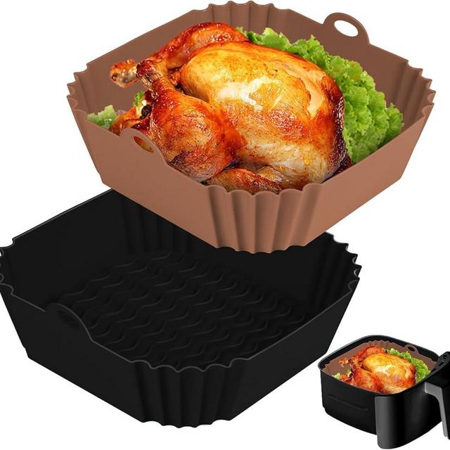 Boribim 2 PCS Square Silicone Air Fryer Liners - 8 Inch Reusable Air Fryer Pot - Air Fryer Accessories - Air Fryer Inserts for 4 to 7 QT Oven Microwave Accessories (Black + Brown)