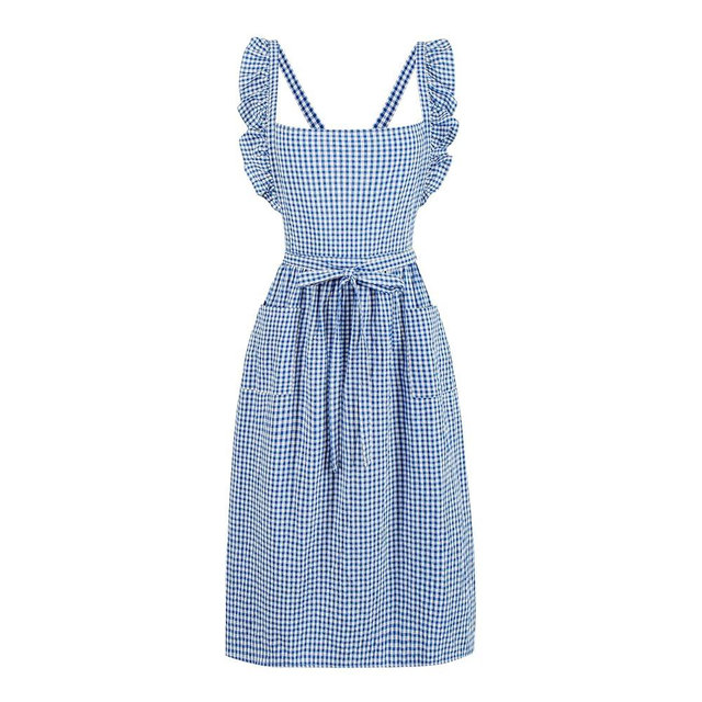 SeedBySea Vintage Gingham Apron for Women, Ruffle Straps, 2 Pockets, Soft Cotton, Apron Dress Style for Cooking & Baking