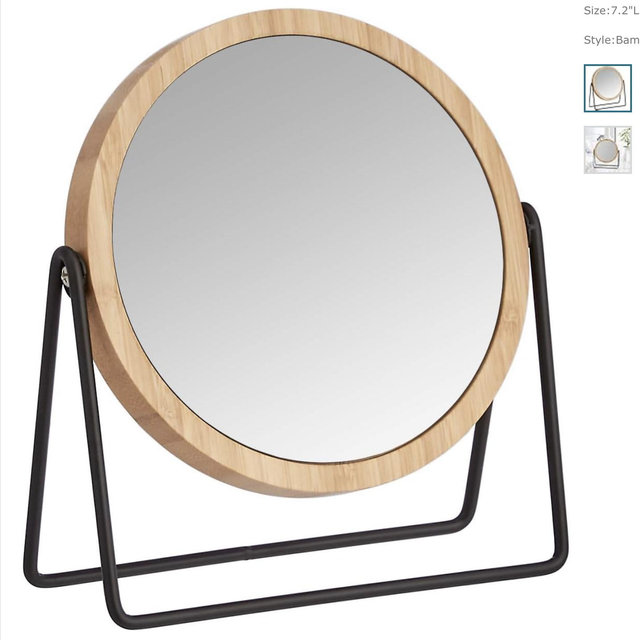 Amazon Basics Vanity Round Tabletop Mirror with Bamboo Rim, Double Sided Magnifying, 360° Rotation, Black, 7.2"L x 2.87"W