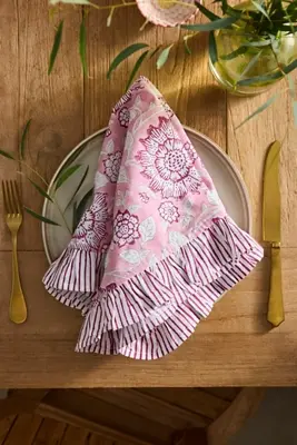 Ruffle Block Print Cotton Napkins, Set of 4
