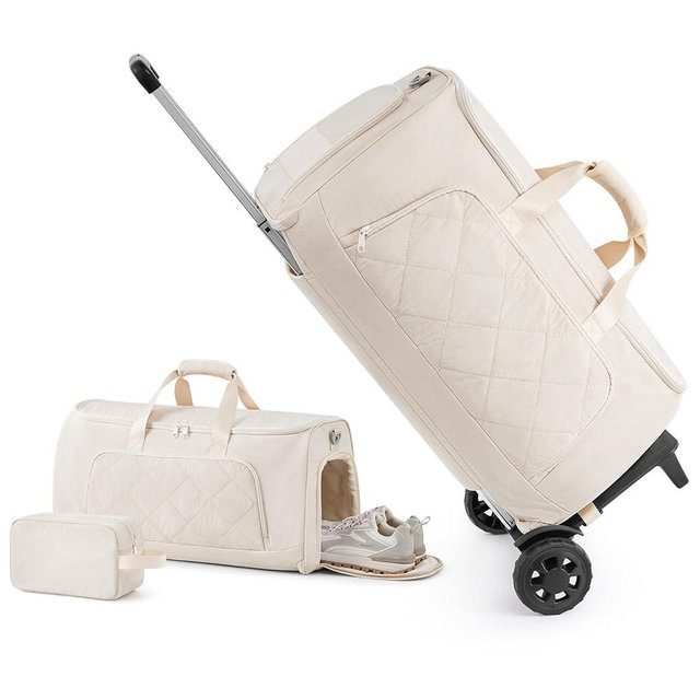 EASYSO Rolling Garment Bag for Travel,Duffle Garment Bag with Wheels and Shoe Compartment for Men and Women,3 in 1 Suit Dress Bags with Wheels (Beige)