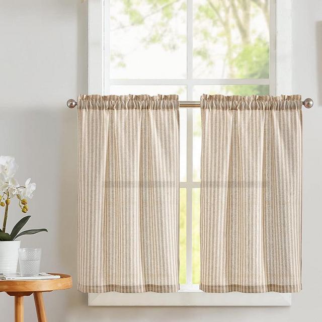 Vangao Stripe Farmhouse Kitchen Curtains 24 Inch Length Linen Cafe Curtains Tickingstripe Tier Curtains Pinstripe Semi-Sheer Small Window Curtains Rod Pocket 2 Panels Taupe on Beige