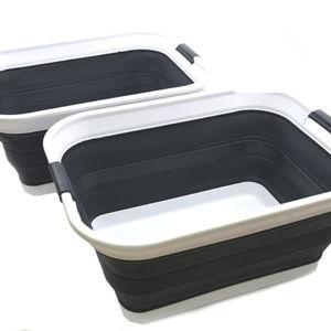 SAMMART 42L(11 gallon) Set of 2 Collapsible Plastic Laundry Basket-Foldable Pop Up Storage Container-Portable Washing Tub-Space Saving,Water capacity 34L(9 gallon) (2 rectangular - strengthen, black)
